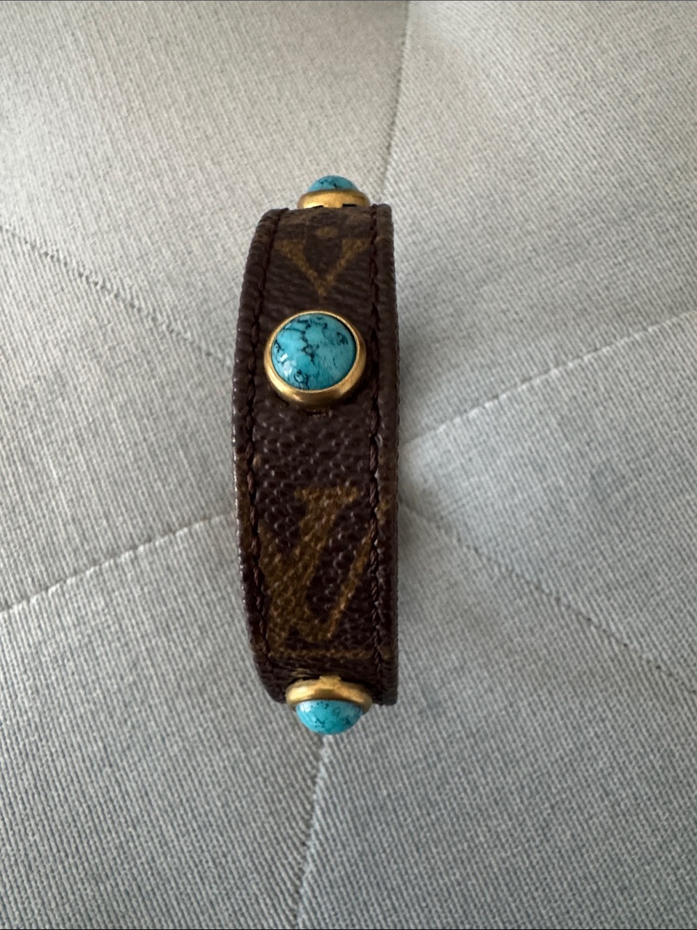 Upcycled Monogram Canvas Leather Cuff Bracelet w/ Turquoise Studs